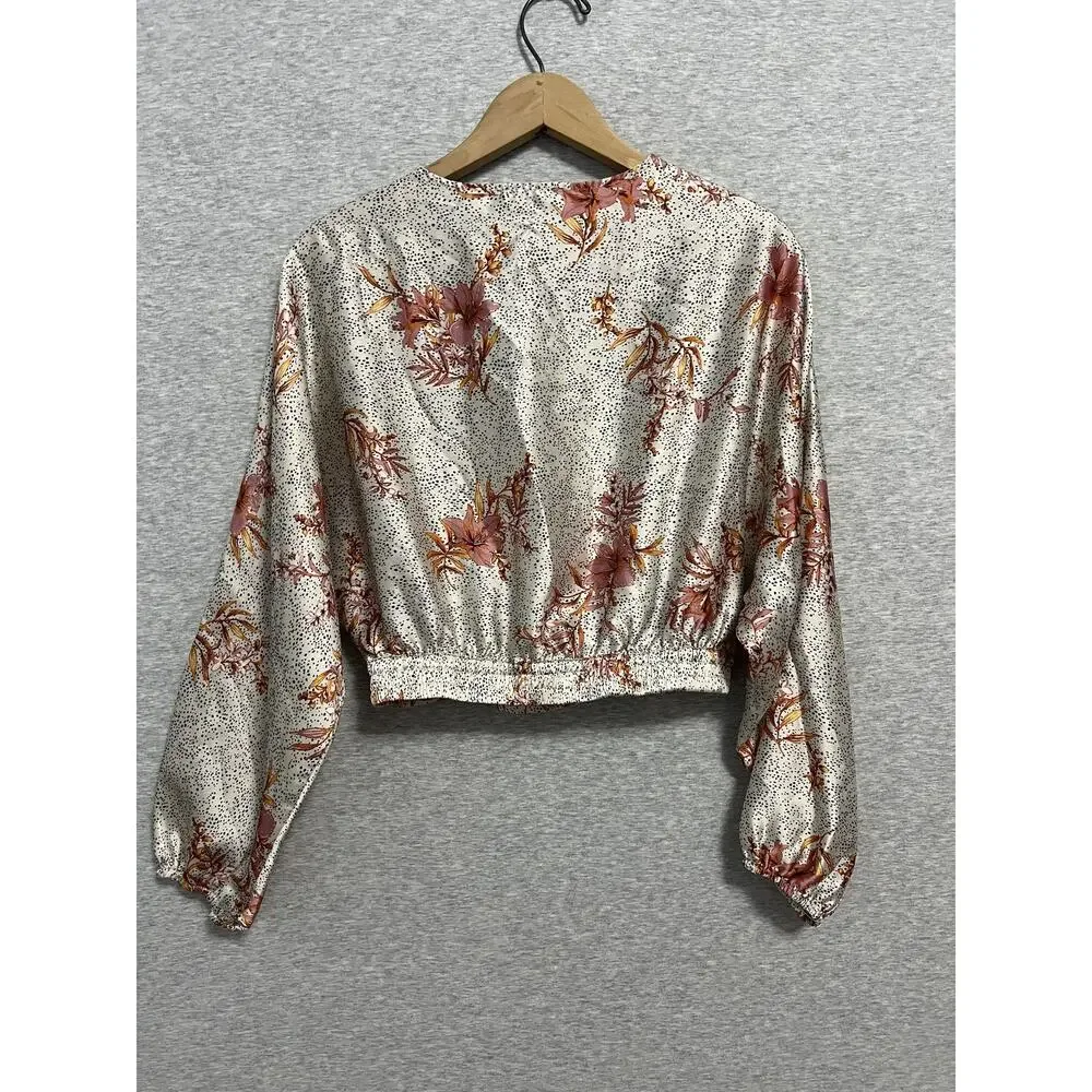 Sage The Label Wrap Blouse‎ Womens Medium Cream Floral Polka Dot Satin LS Top